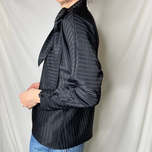 Vintage‎ 90s tie neck bow blouse black striped satin jacquard long sleeve M - Picture 12 of 16